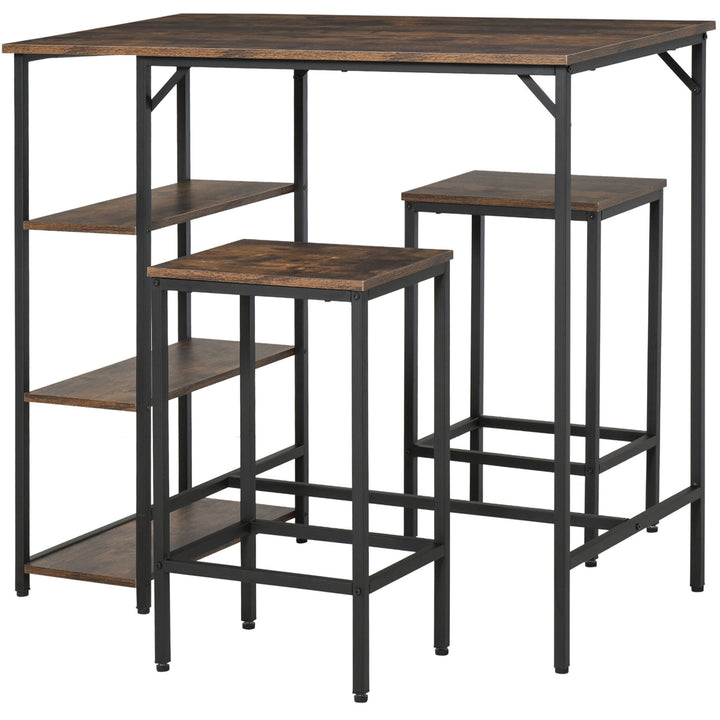 Conjunto de mesa de bar e 2 bancos com apoio para os pés e prateleiras de 3 níveis 109x60x100 cm marrom rústico