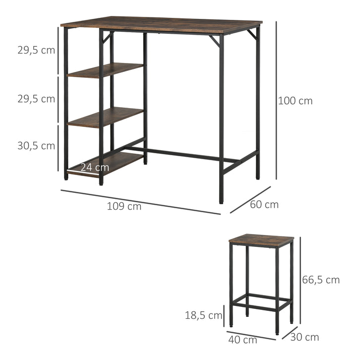 Conjunto de mesa de bar e 2 bancos com apoio para os pés e prateleiras de 3 níveis 109x60x100 cm marrom rústico