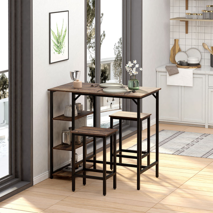 Conjunto de mesa de bar e 2 bancos com apoio para os pés e prateleiras de 3 níveis 109x60x100 cm marrom rústico