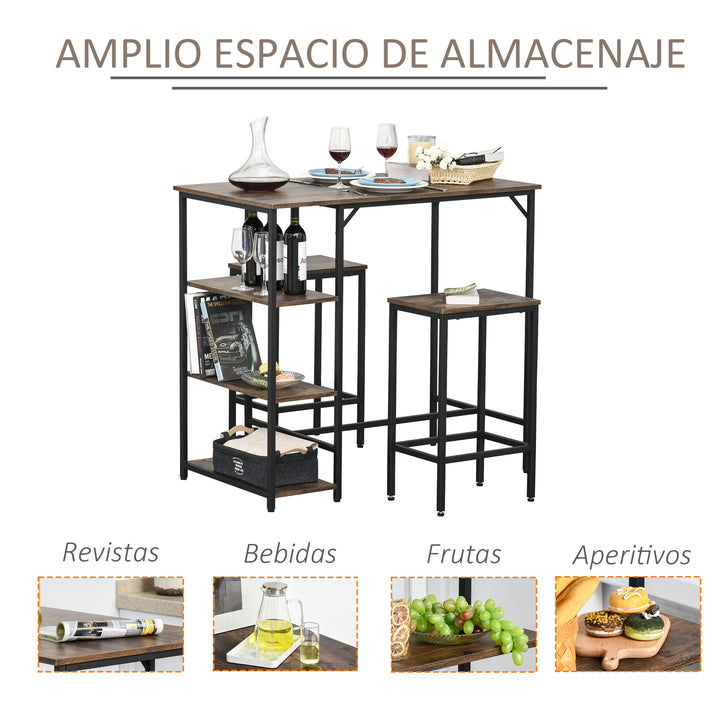 Conjunto de mesa de bar e 2 bancos com apoio para os pés e prateleiras de 3 níveis 109x60x100 cm marrom rústico