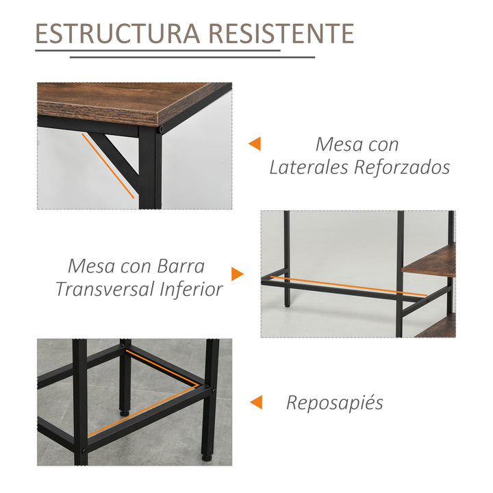 Conjunto de mesa de bar e 2 bancos com apoio para os pés e prateleiras de 3 níveis 109x60x100 cm marrom rústico