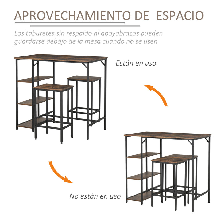 Conjunto de mesa de bar e 2 bancos com apoio para os pés e prateleiras de 3 níveis 109x60x100 cm marrom rústico
