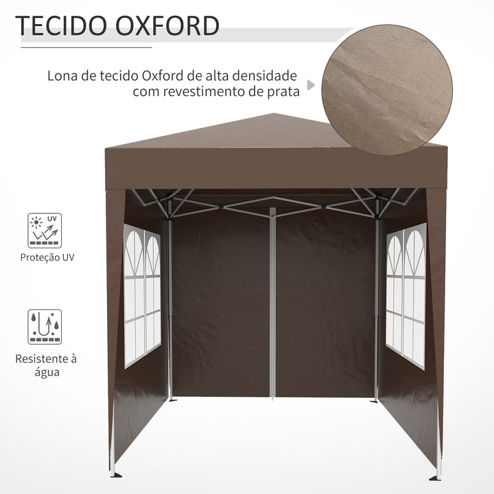 Tenda Dobrável 2x2 m Tenda de Jardim com 4 Paredes Laterais Tecido Oxford 2 Portas 2 Janelas e Bolsa de Transporte para Exterior Terraço Campismo Festas Marrom