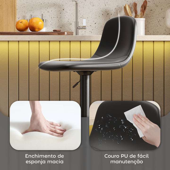 Conjunto de 2 Bancos de Bar Bancos Altos de Cozinha Reguláveis em Altura 84-104 cm com Encosto e Apoio para os Pés Estofadas em PU Giratórias em 360° para Sala de Jantar Varanda Preto