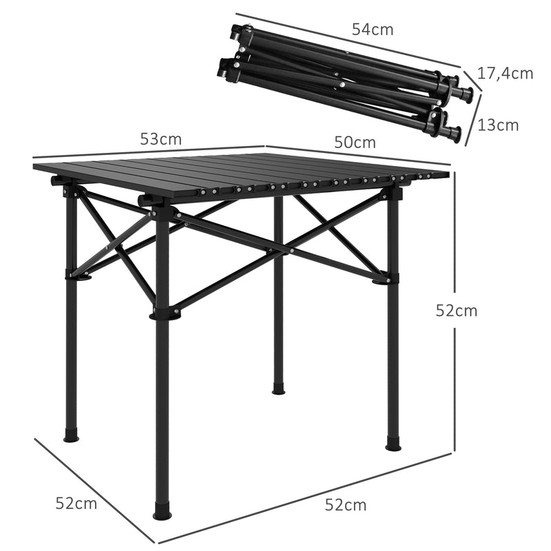 Mesa de Campismo Dobrável Mesa de Piquenique Portátil com Tampo Enrolável e Estrutura Metálica Carga 30 kg para Barbecues 52x52x52 cm Preto