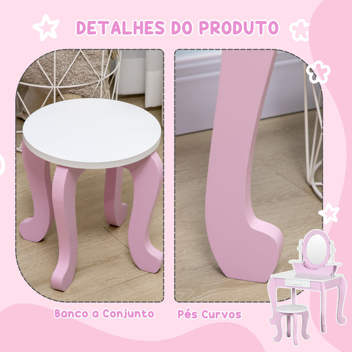 Toucador Infantil com Banco e Espelho Toucador Infantil de Madeira com Gaveta Mesa de Maquilhagem para Crianças entre 3-6 Anos 65,5x46x93cm Rosa