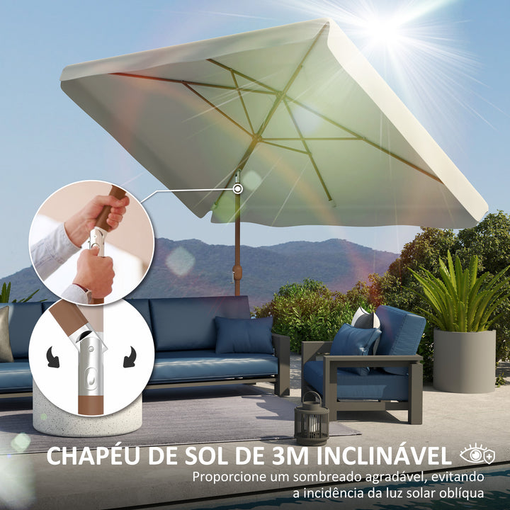 Chapéu de Sol de Jardim 300x200 cm Chapéu de Sol de Exterior com Ângulo Ajustável Mastro de Alumínio Manivela e Proteção UV 50+ Chapéu de Sol para Jardim Pátio Creme