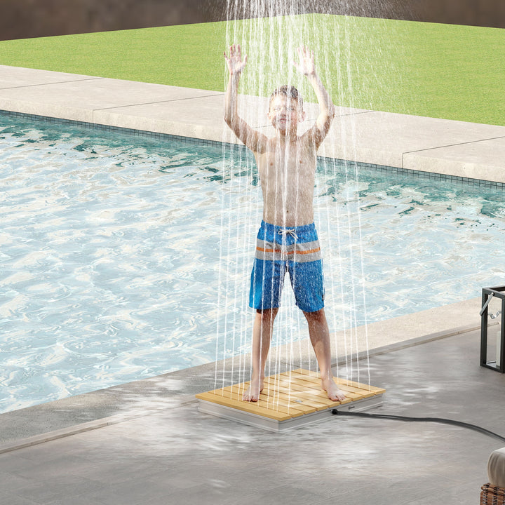 Kit de Duche de Jardim Portátil Duche Exterior de Chão Altura Ajustável até 4 m Estrutura de Alumínio Resistente à Água Raios UV para Campismo Piscina Praia 70,5x55x7,5 cm Madeira