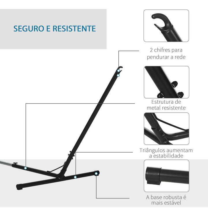 Suporte para rede de jardim ajustável no comprimento 308-380x108x120 cm com bolsa de transporte Estrutura metálica para interior e exterior Máx. 120 kg