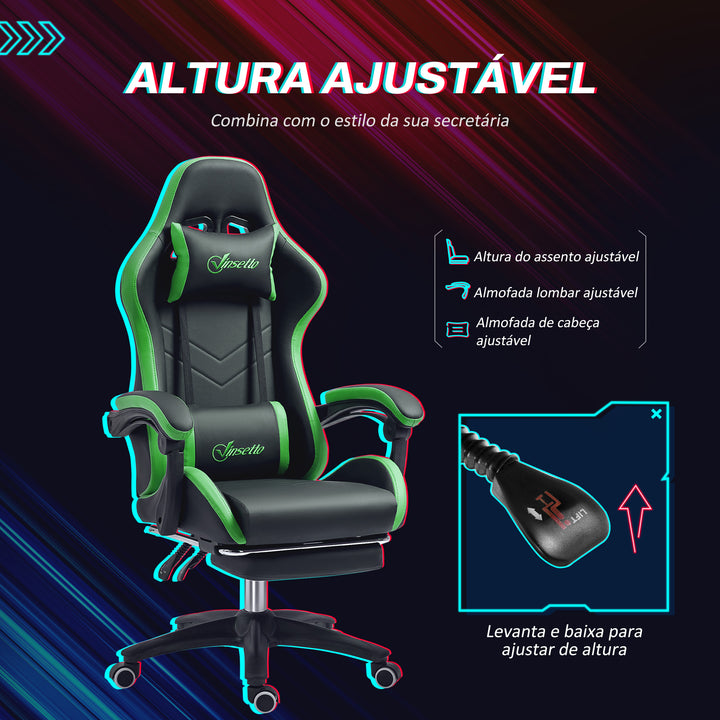 Cadeira Gaming Reclinável até 135° com Suporte Lombar Altura Ajustável Almofada de Cabeça e Apoio para os Pés Retrátil 65x65x121-129 cm Preto e Verde