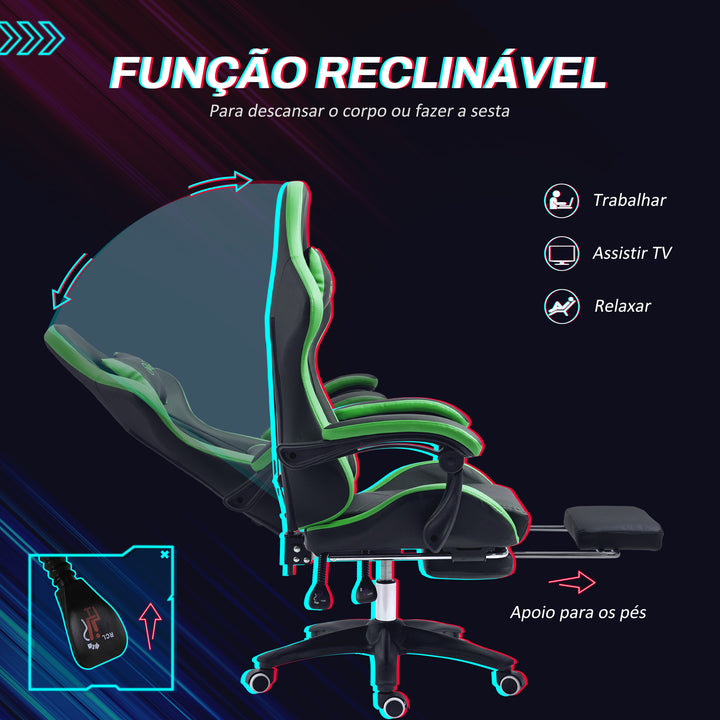 Cadeira Gaming Reclinável até 135° com Suporte Lombar Altura Ajustável Almofada de Cabeça e Apoio para os Pés Retrátil 65x65x121-129 cm Preto e Verde