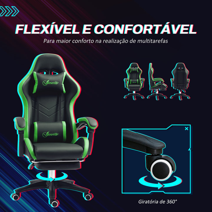 Cadeira Gaming Reclinável até 135° com Suporte Lombar Altura Ajustável Almofada de Cabeça e Apoio para os Pés Retrátil 65x65x121-129 cm Preto e Verde