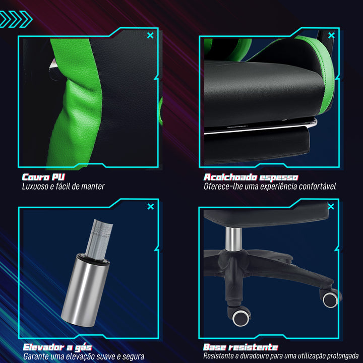 Cadeira Gaming Reclinável até 135° com Suporte Lombar Altura Ajustável Almofada de Cabeça e Apoio para os Pés Retrátil 65x65x121-129 cm Preto e Verde