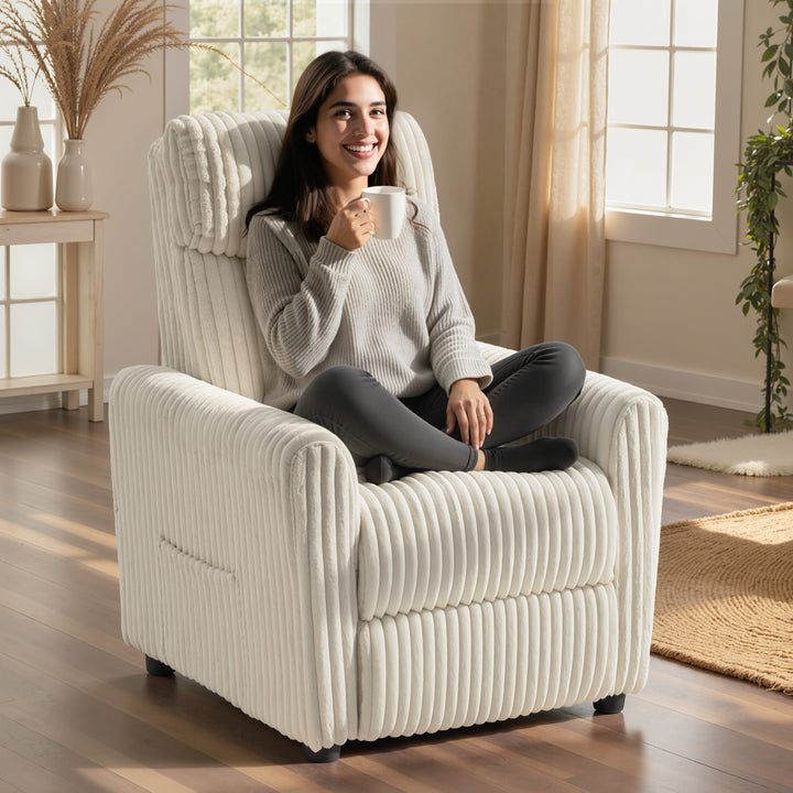 Poltrona Relax Reclinável Poltrona Reclinável Manual Estofada em Veludo Instalação Rápida Apoio para Pés Acolchoamento Grosso Para Sala de Estar Quarto Escritório 73x86x100 cm Creme