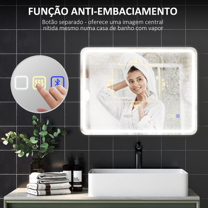 Espelho de Casa de Banho com Luz LED 80x60 cm Espelho de Parede com Bluetooth 3 Cores de Luz Relógio Digital Função Antiembaciamento Função de Memória Interruptor Tátil IP44 Prata