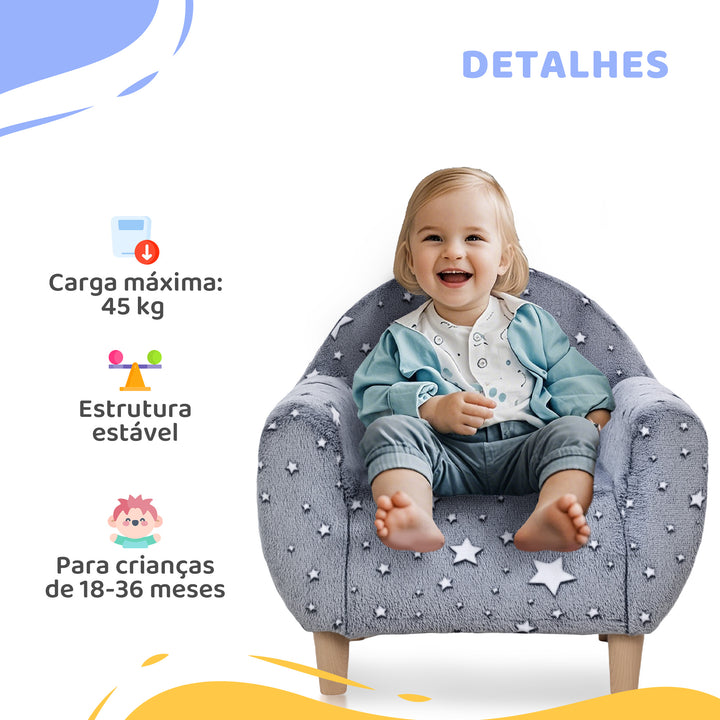 Poltrona para Crianças com Desenho de Estrelas que Brilham no Escuro Sofá para Crianças de 18-36 Meses Tecido Suave de Veludo Apoios de Braços Carga 45 kg 55x40x55 cm Cinzento