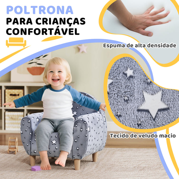 Poltrona para Crianças com Desenho de Estrelas que Brilham no Escuro Sofá para Crianças de 18-36 Meses Tecido Suave de Veludo Apoios de Braços Carga 45 kg 55x40x55 cm Cinzento