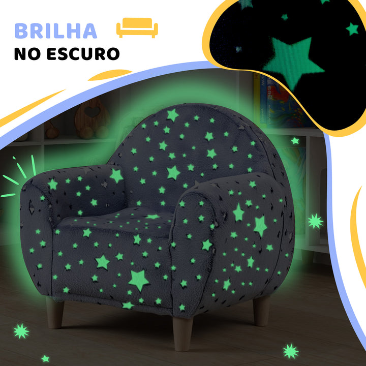 Poltrona para Crianças com Desenho de Estrelas que Brilham no Escuro Sofá para Crianças de 18-36 Meses Tecido Suave de Veludo Apoios de Braços Carga 45 kg 55x40x55 cm Cinzento