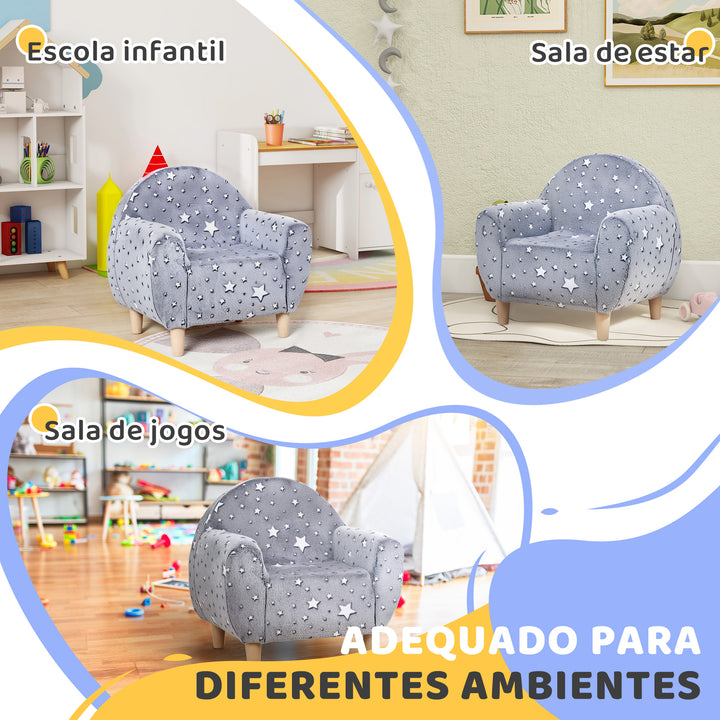 Poltrona para Crianças com Desenho de Estrelas que Brilham no Escuro Sofá para Crianças de 18-36 Meses Tecido Suave de Veludo Apoios de Braços Carga 45 kg 55x40x55 cm Cinzento