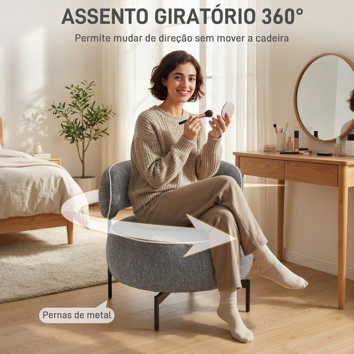 Poltrona de Sala com Assento Rotativo Poltrona de Sala Revestida em Tecido Linho com Assento Amplo Acolchoado Espesso Pés de Metal para Quarto Leitura Cinzento Escuro