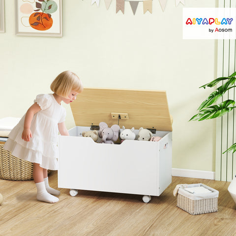 Baú de Brinquedos com Rodas Baú Infantil com Tampa Abatível e Dobradiça de Segurança Design de Nuvem para Quarto Sala de Jogos Creche 59x30x53 cm Branco e Madeira