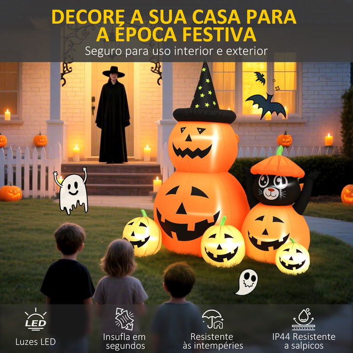 Abóbora Insuflável de Halloween com Gato de 180 cm Decoração de Halloween com Luzes LED IP44 e Inflador para Jardim Festas Exterior 160x100x180 cm Laranja