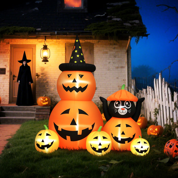 Abóbora Insuflável de Halloween com Gato de 180 cm Decoração de Halloween com Luzes LED IP44 e Inflador para Jardim Festas Exterior 160x100x180 cm Laranja