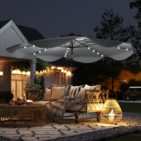 Chapéu de Sol de Jardim Ø292x248 cm Chapéu de Sol com Manivela 32 Luzes LED Solares e 8 Hastes para Pátio Varanda Exterior Cinza Escuro