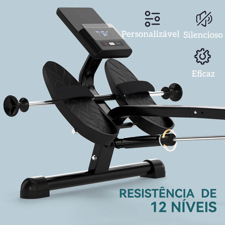 Máquina de Remo para Casa 12 Níveis de Resistência Hidráulica Máquina de Remo com Ecrã LCD para Treino de Fitness em Casa ou Ginásio Capacidade 130 kg Preto