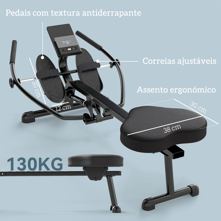 Máquina de Remo para Casa 12 Níveis de Resistência Hidráulica Máquina de Remo com Ecrã LCD para Treino de Fitness em Casa ou Ginásio Capacidade 130 kg Preto