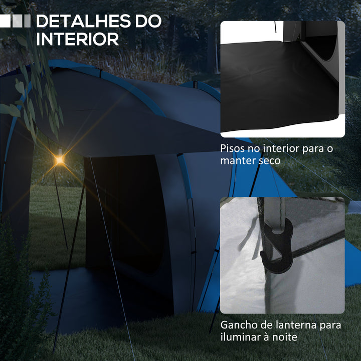 Tenda de Campismo Familiar para 4-6 Pessoas com 2 Dormitórios Tenda de Campismo Grande Impermeável 3000 mm com Bolsa de Transporte 555x225x190 cm Cinza e Azul