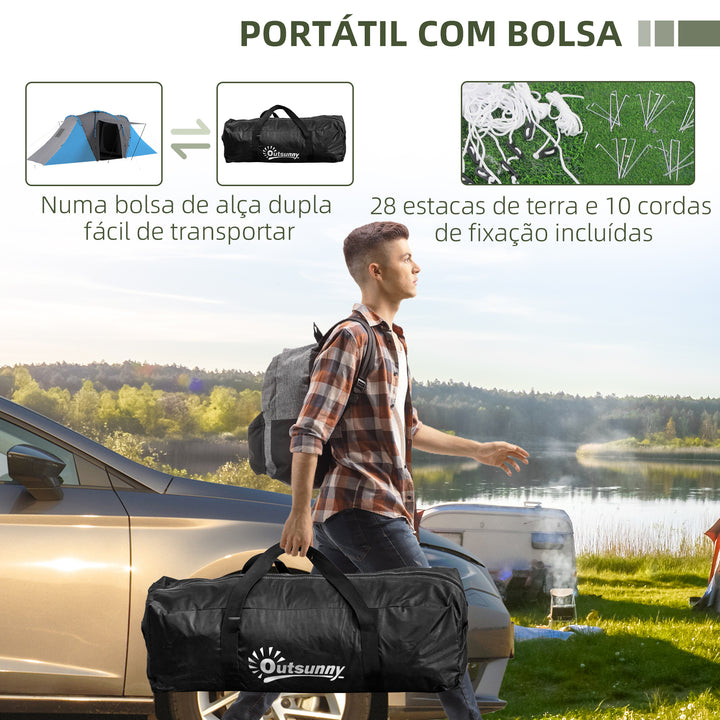Tenda de Campismo Familiar para 4-6 Pessoas com 2 Dormitórios Tenda de Campismo Grande Impermeável 3000 mm com Bolsa de Transporte 555x225x190 cm Cinza e Azul