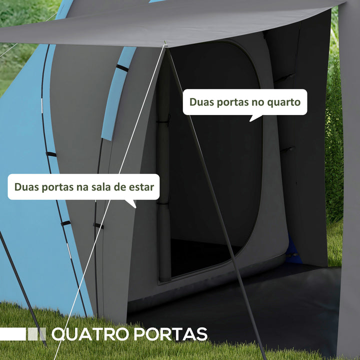 Tenda de Campismo Familiar para 4-6 Pessoas com 2 Dormitórios Tenda de Campismo Grande Impermeável 3000 mm com Bolsa de Transporte 555x225x190 cm Cinza e Azul