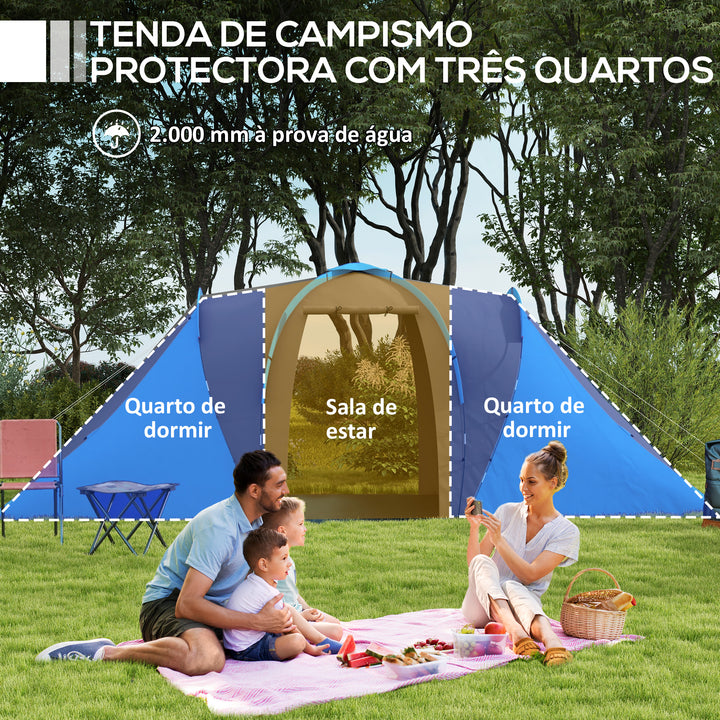 Tenda de Campismo Familiar para 4-6 Pessoas com 2 Dormitórios Tenda de Campismo Grande Impermeável 3000 mm com Bolsa de Transporte 555x225x190 cm Cinza e Azul