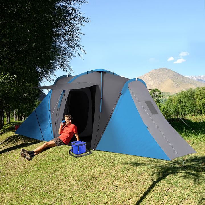 Tenda de Campismo Familiar para 4-6 Pessoas com 2 Dormitórios Tenda de Campismo Grande Impermeável 3000 mm com Bolsa de Transporte 555x225x190 cm Cinza e Azul