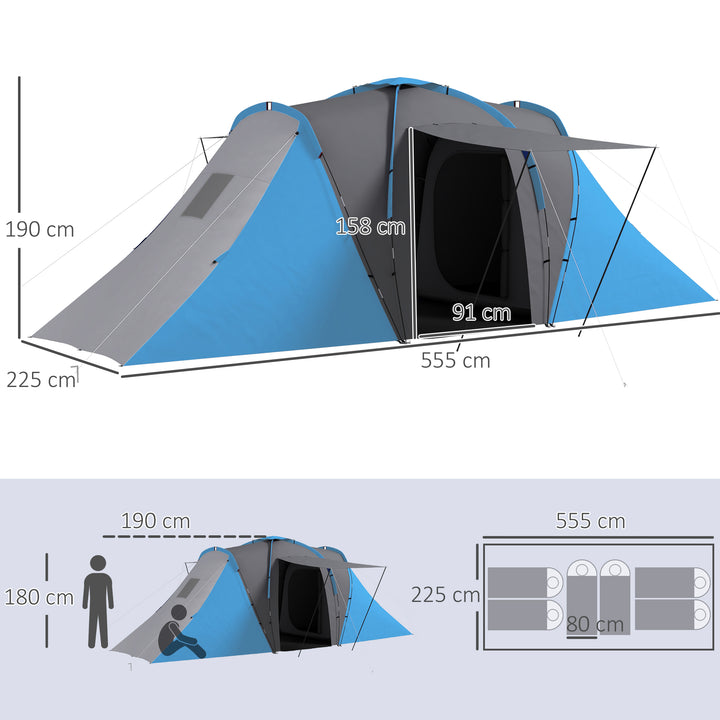 Tenda de Campismo Familiar para 4-6 Pessoas com 2 Dormitórios Tenda de Campismo Grande Impermeável 3000 mm com Bolsa de Transporte 555x225x190 cm Cinza e Azul