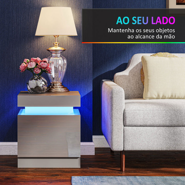 Mesa de Cabeceira com Luz LED Mesa de Cabeceira com Painel de Alto Brilho 2 Gavetas e Controlo Remoto para Sala de Estar Dormitório 45x35x52 cm Cinzento