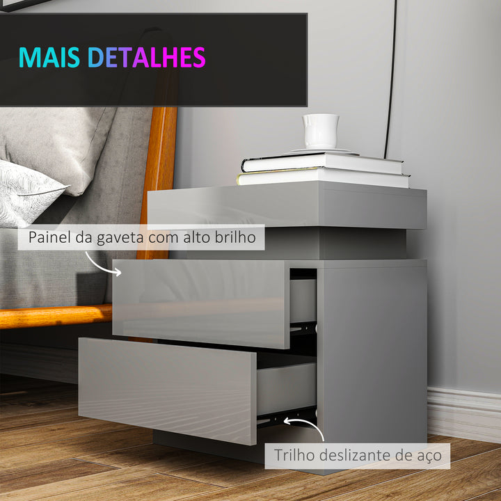 Mesa de Cabeceira com Luz LED Mesa de Cabeceira com Painel de Alto Brilho 2 Gavetas e Controlo Remoto para Sala de Estar Dormitório 45x35x52 cm Cinzento