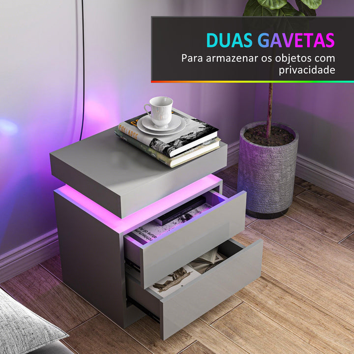 Mesa de Cabeceira com Luz LED Mesa de Cabeceira com Painel de Alto Brilho 2 Gavetas e Controlo Remoto para Sala de Estar Dormitório 45x35x52 cm Cinzento