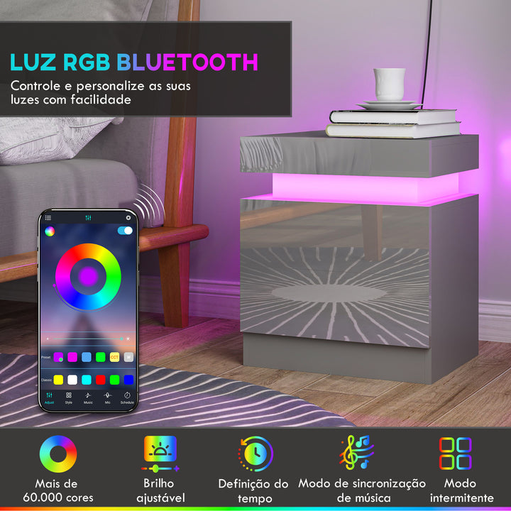 Mesa de Cabeceira com Luz LED Mesa de Cabeceira com Painel de Alto Brilho 2 Gavetas e Controlo Remoto para Sala de Estar Dormitório 45x35x52 cm Cinzento