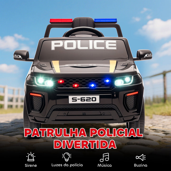 Carro Elétrico para Crianças de Polícia Carro a Bateria 12V com Motor Duplo Controlo Remoto 2,4 G Suspensão em 4 Rodas Sirene Faróis LED Porta USB Bluetooth e Música Preto