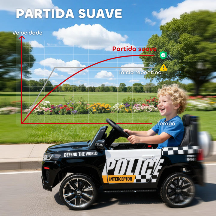 Carro Elétrico para Crianças de Polícia Carro a Bateria 12V com Motor Duplo Controlo Remoto 2,4 G Suspensão em 4 Rodas Sirene Faróis LED Porta USB Bluetooth e Música Preto