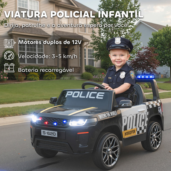 Carro Elétrico para Crianças de Polícia Carro a Bateria 12V com Motor Duplo Controlo Remoto 2,4 G Suspensão em 4 Rodas Sirene Faróis LED Porta USB Bluetooth e Música Preto