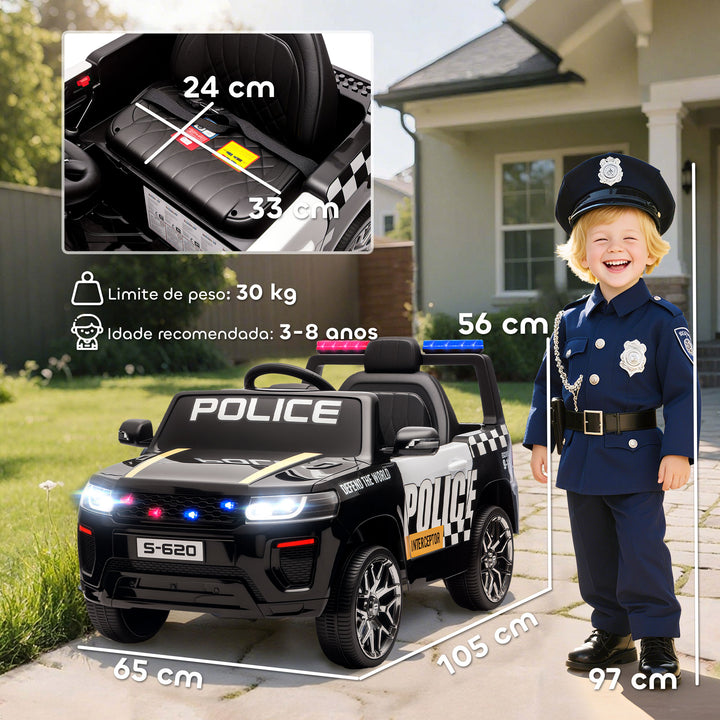 Carro Elétrico para Crianças de Polícia Carro a Bateria 12V com Motor Duplo Controlo Remoto 2,4 G Suspensão em 4 Rodas Sirene Faróis LED Porta USB Bluetooth e Música Preto