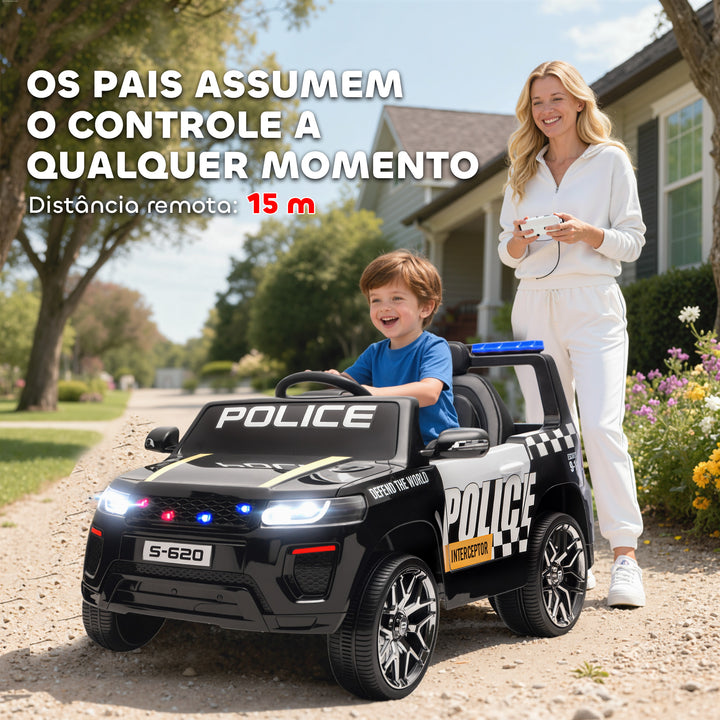 Carro Elétrico para Crianças de Polícia Carro a Bateria 12V com Motor Duplo Controlo Remoto 2,4 G Suspensão em 4 Rodas Sirene Faróis LED Porta USB Bluetooth e Música Preto