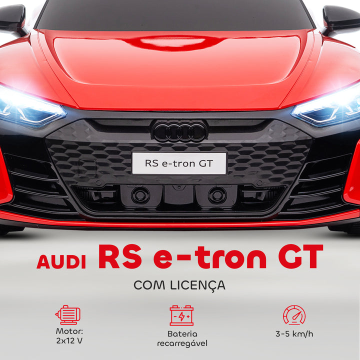 Carro Elétrico AUDI RS E-Tron GT para Crianças de 3-6 Anos Carro de Bateria 12V com 2 Motores Controlo Remoto Faróis LED Buzina Música USB e Abertura de Porta 3-5km/h 103x58x41 cm Vermelho
