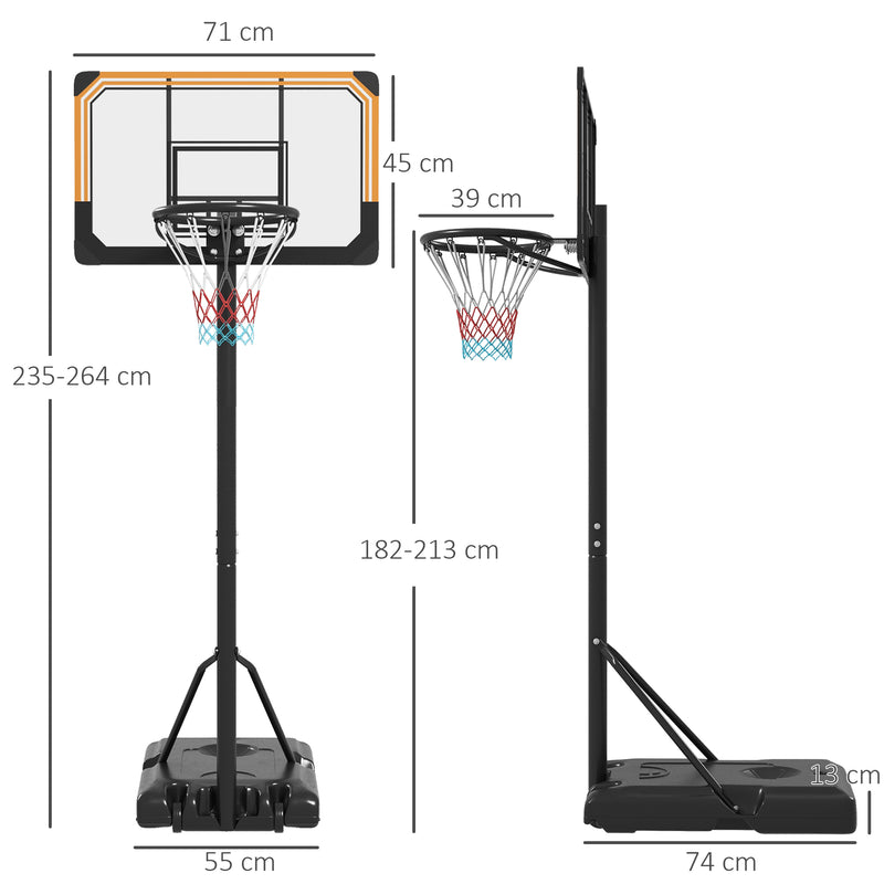 Tabela de Basquetebol de Exterior com Altura Ajustável 235-264 cm Tabela de Basquetebol com Suporte para Bola Rodas e Base Recarregável Preto