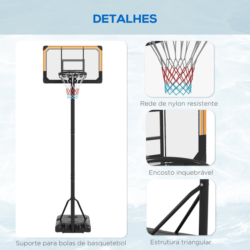 Tabela de Basquetebol de Exterior com Altura Ajustável 235-264 cm Tabela de Basquetebol com Suporte para Bola Rodas e Base Recarregável Preto