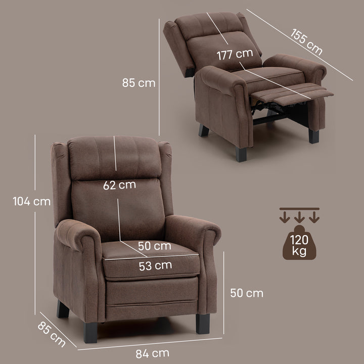 Poltrona Reclinável Manual Poltrona de Couro Sintético com Apoio para os Pés Encosto Alto Acolchoamento Espesso até 135º para Sala Quarto 84x85x104 cm Marrom