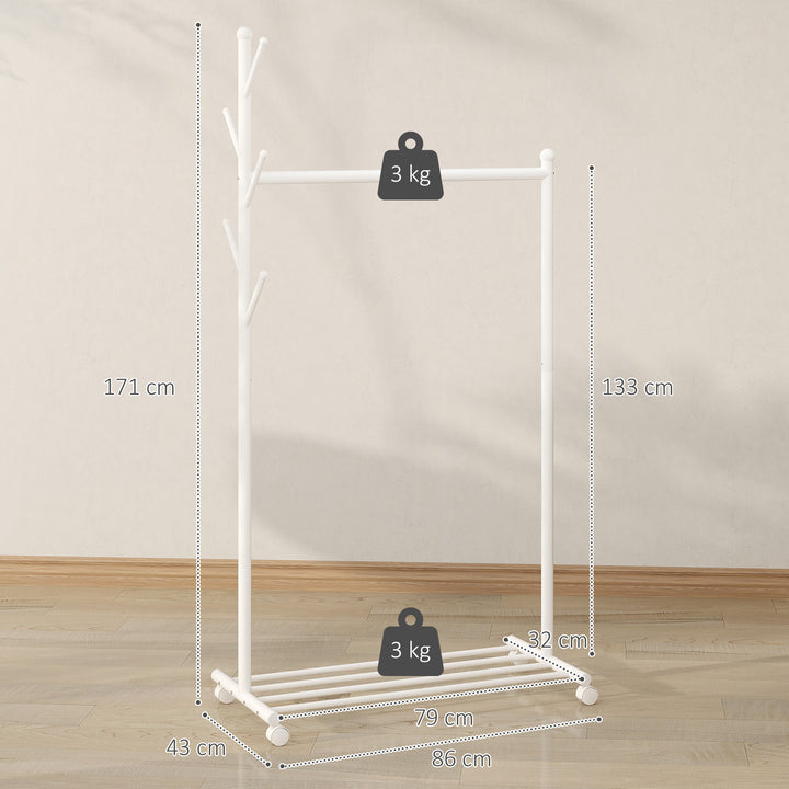 Charriot com Rodas Charriot com 5 Ganchos Barra para Pendurar e Prateleira Inferior Charriot para Dormitório Lavandaria 86x43x171 cm Branco